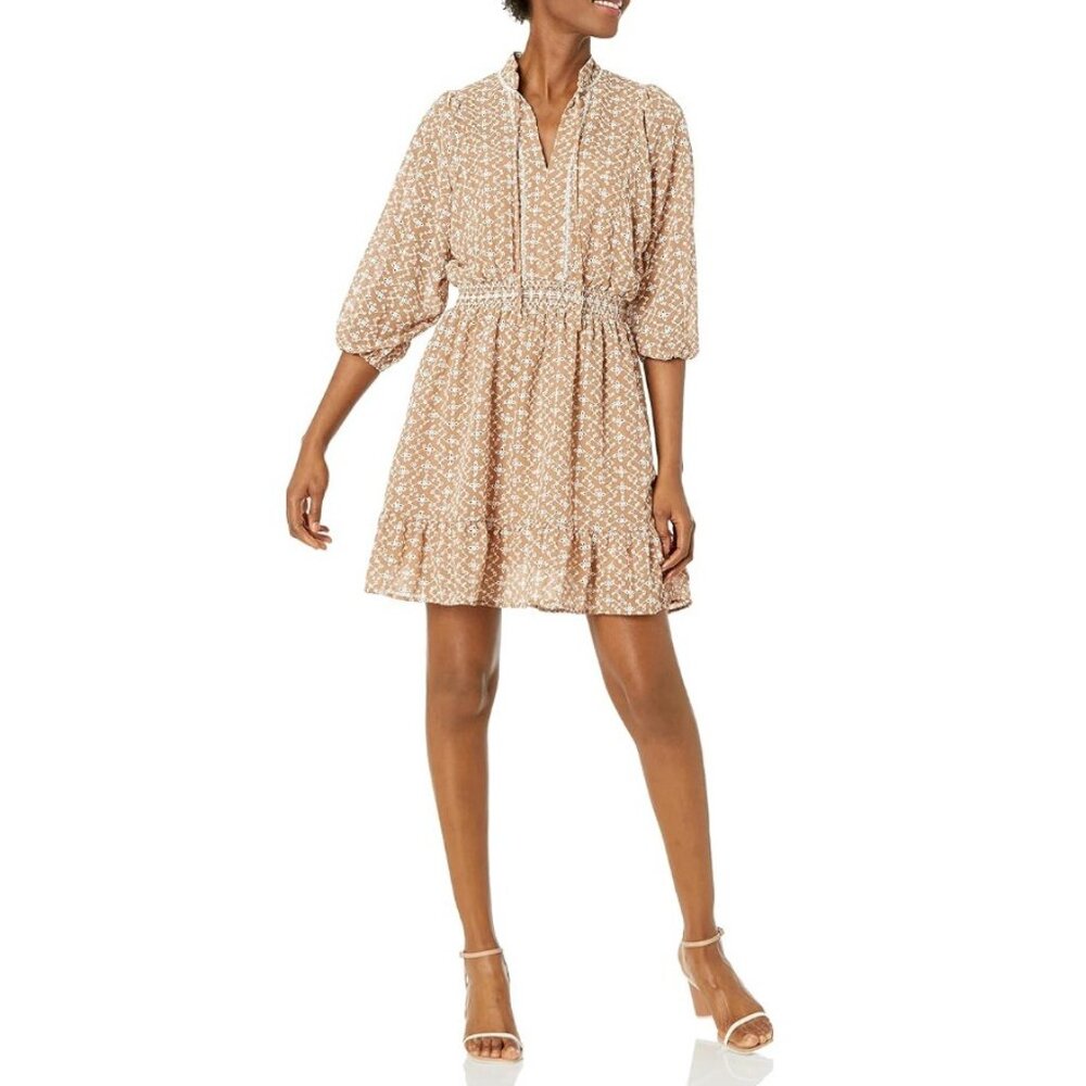 Shoshanna Julianna Blouson Sleeve Dress Smocked Waist Sand Optic White Size 6